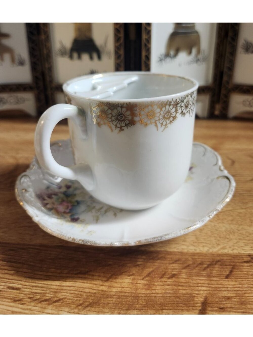 Victorian Mustache Tea Cup & Saucer Set Bone China Porcelain Pink Germany VTG - Picture 7 of 16